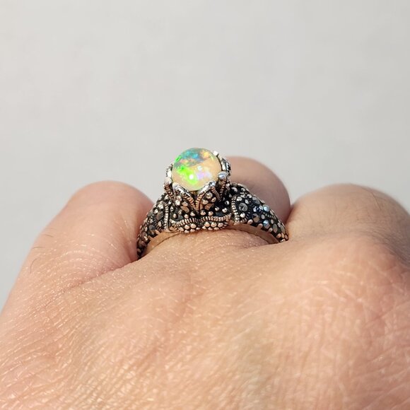 VTG 4.31g 925 Natural Ethiopian Welo Fire Opal W/ Marcasite Ring Sz 6 - Picture 13 of 15